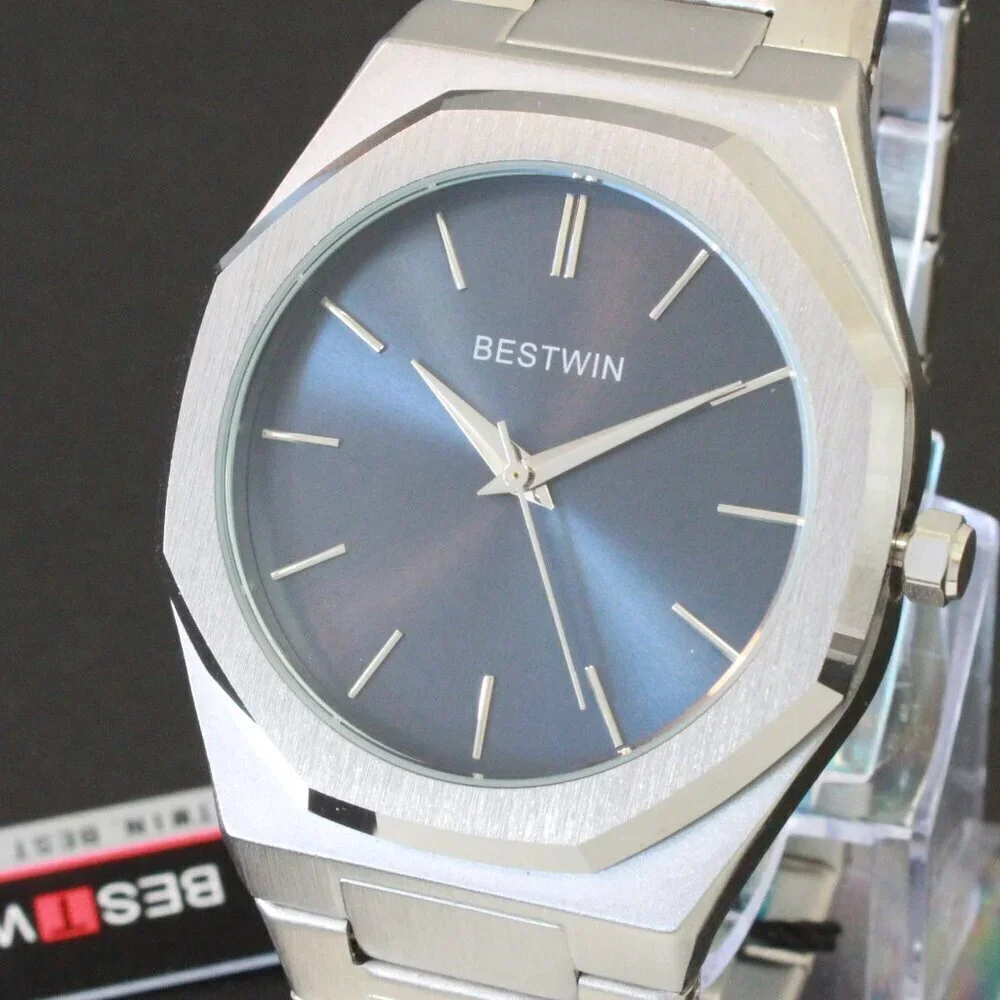Men's Sports Watch Integrated Bracelet Silver Tone Blue Dial 41.5mm